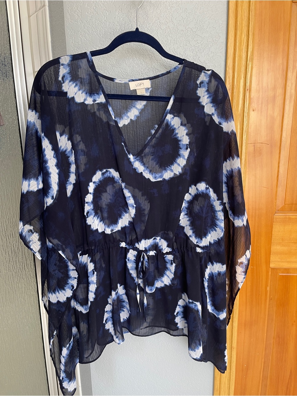 LOFT Navy and White Tie-Dye V-Neck Sheer Blouse